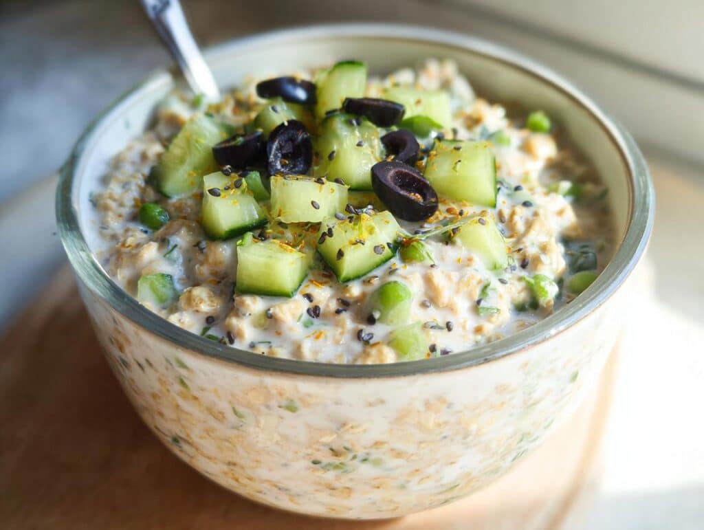 Close-up of Veggie-Packed Savory Overnight Oats topped with diced cucumber, black olives, and seeds.