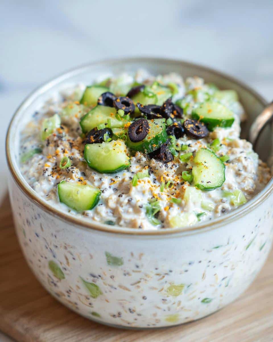 Close-up of Veggie-Packed Savory Overnight Oats topped with sliced cucumbers and black olives.