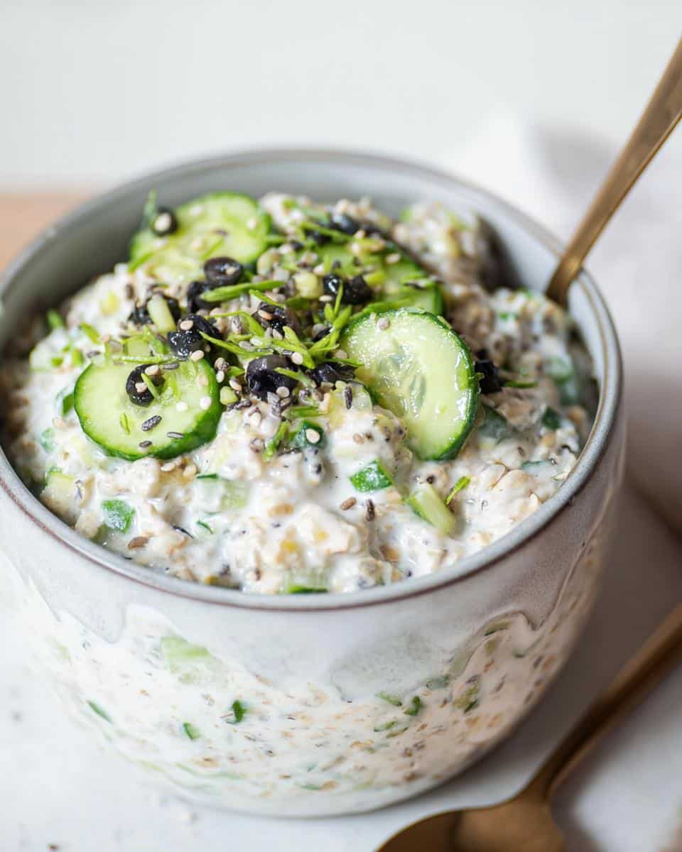 Close-up of Veggie-Packed Savory Overnight Oats topped with cucumber slices, olives, and seeds.