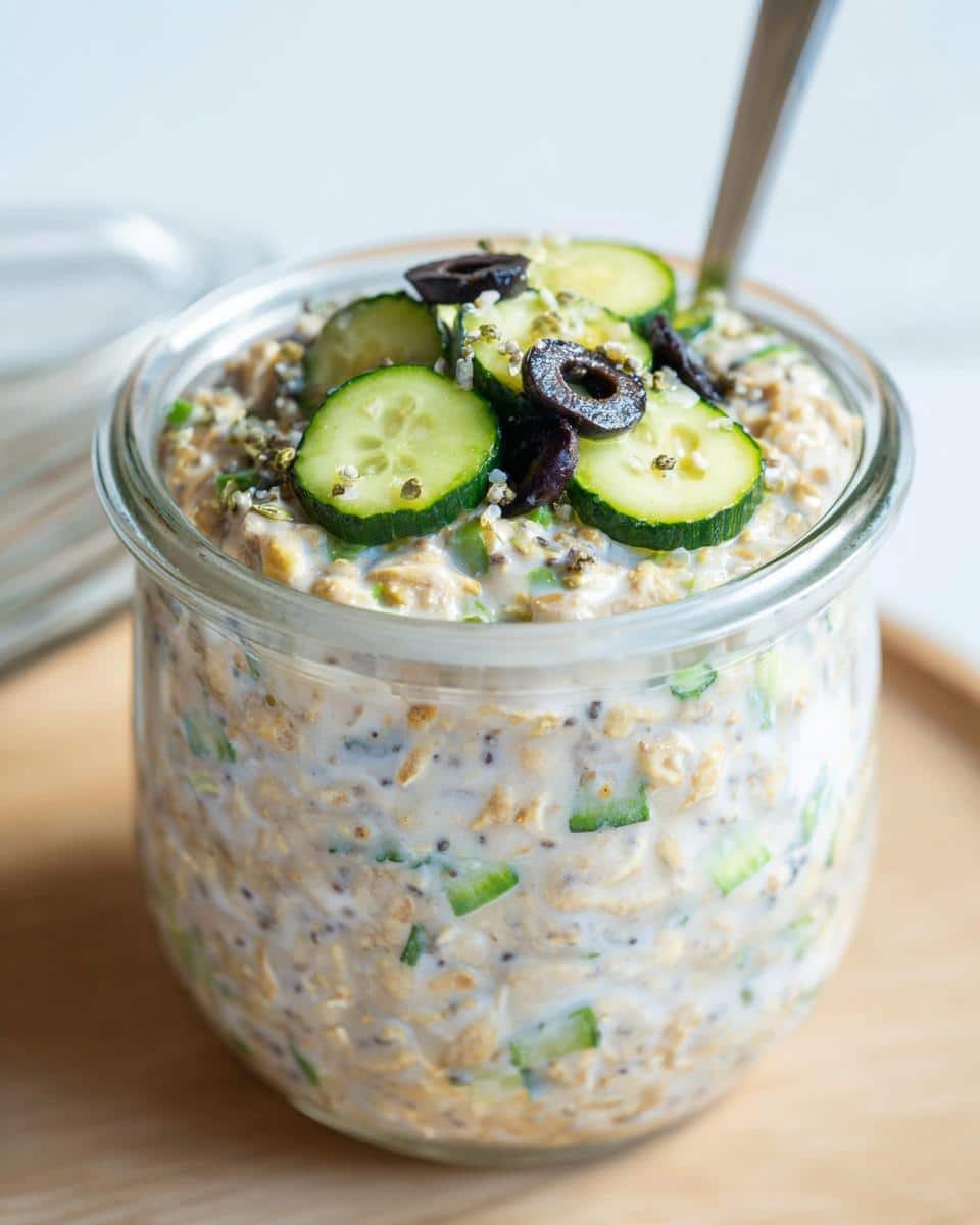 A glass jar filled with Veggie-Packed Savory Overnight Oats, topped with cucumber slices and black olives.
