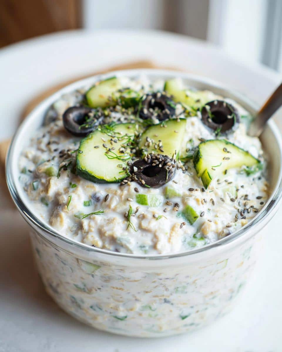 Close-up of Veggie-Packed Savory Overnight Oats topped with cucumber, black olives, and seeds.