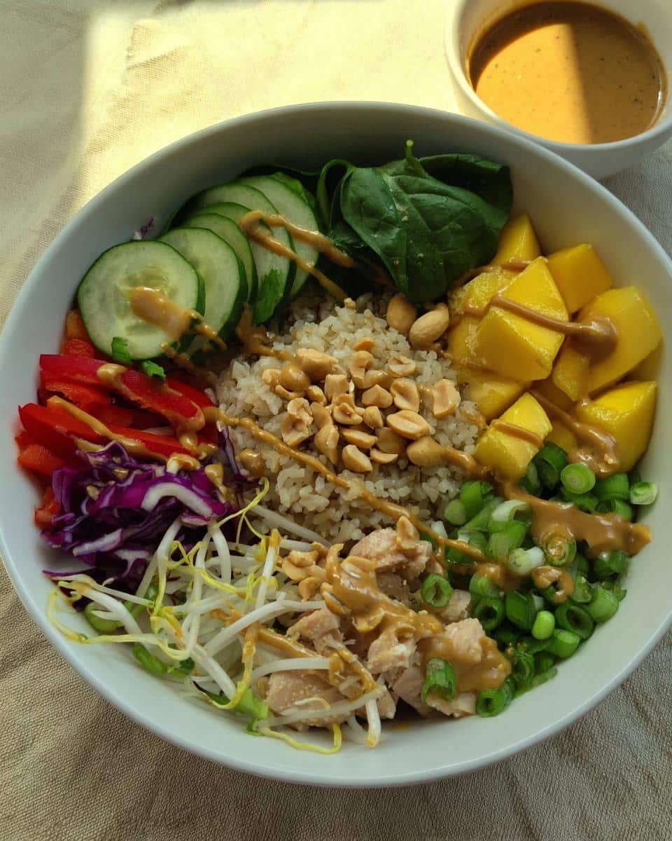 Overhead view of a colorful Gluten-Free Buddha Bowl featuring brown rice, mango, chicken, and peanut dressing.
