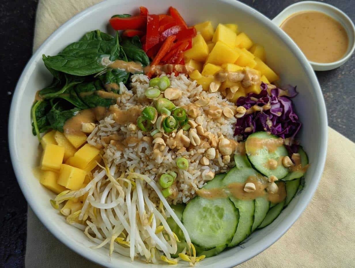 Overhead view of a colorful Gluten-Free Buddha Bowl featuring rice, mango, spinach, cucumber, and peanut dressing.
