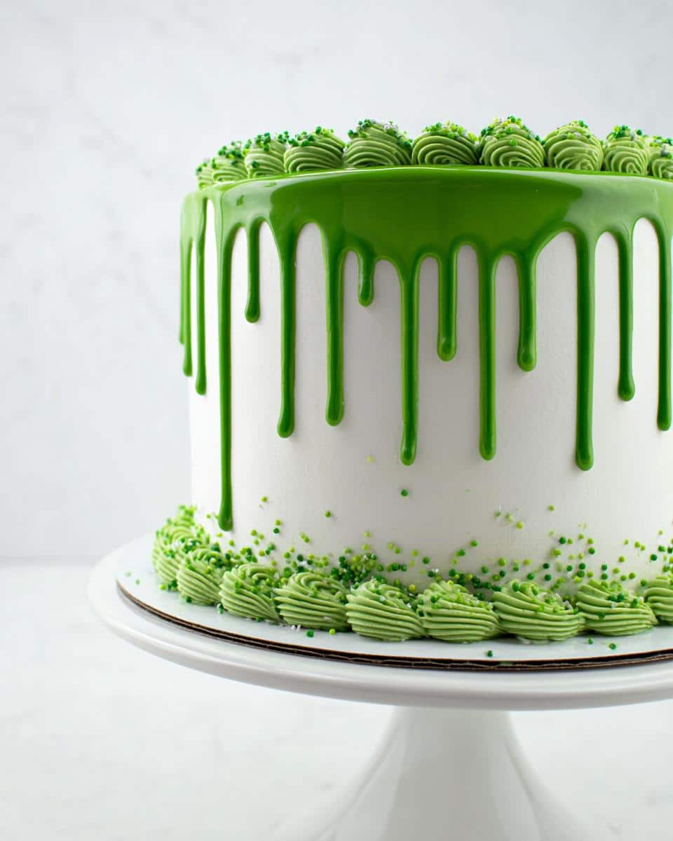 A white frosted cake featuring a vibrant green drip icing, topped with green swirls and sprinkles, showcasing a perfect Green Drip Cake.