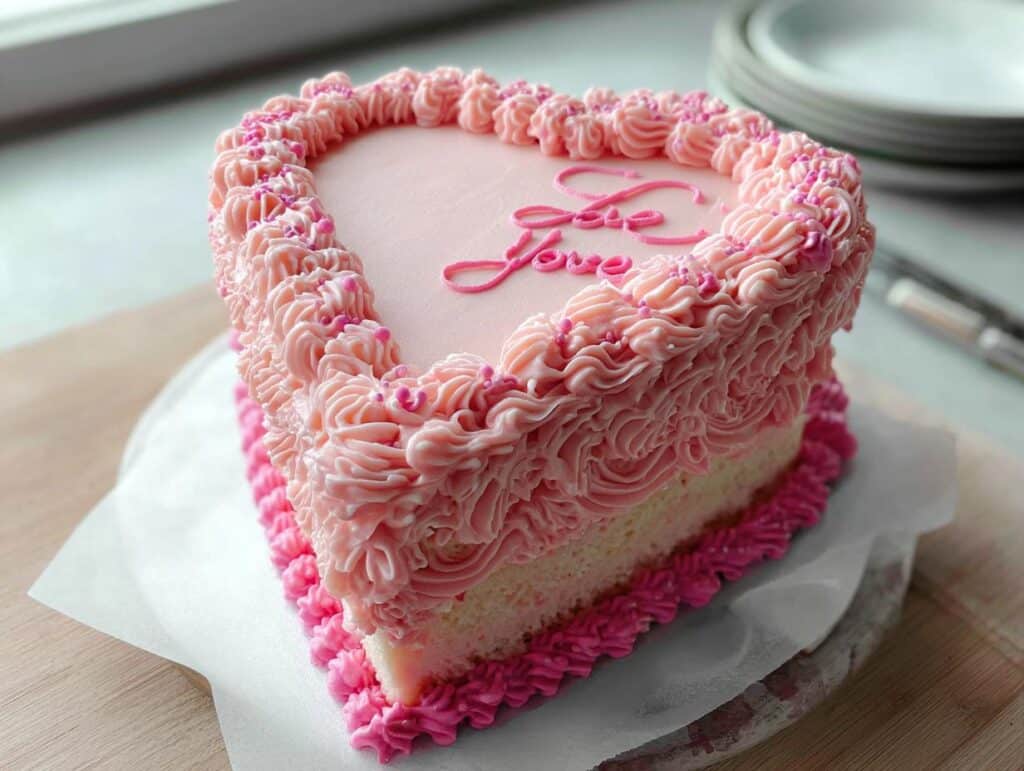 A heart-shaped Vintage Valentine Cake covered in elaborate pink buttercream ruffles and 'Love' piped on top.