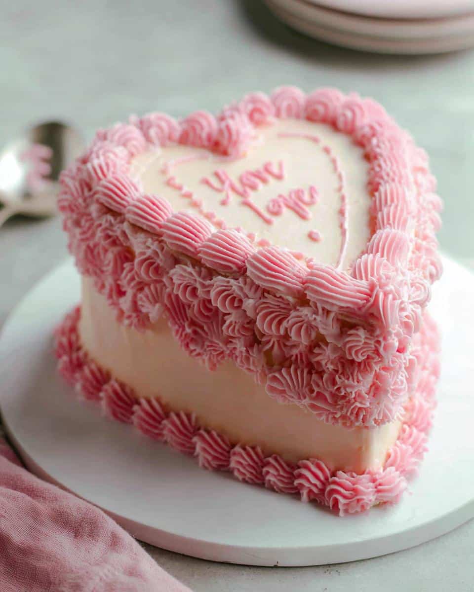 A heart-shaped Vintage Valentine Cake decorated with pale pink frosting and vibrant pink piped rosettes.