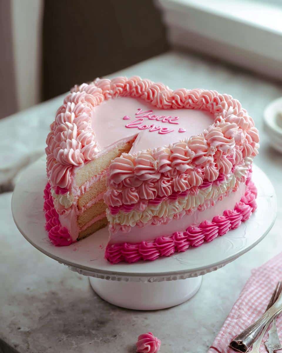 A heart-shaped Vintage Valentine Cake, pink and white frosted with ruffles, showing a slice cut out revealing the layers.