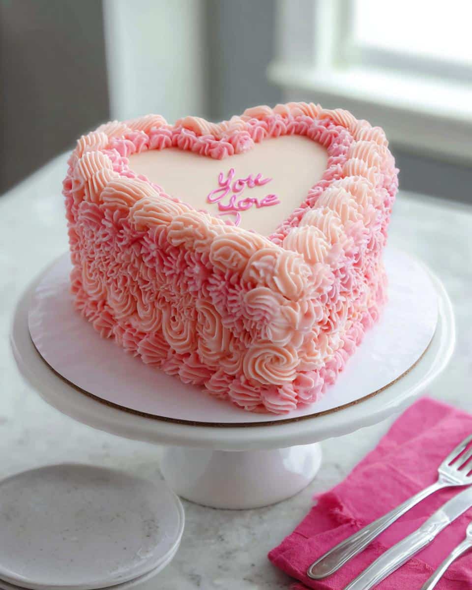 A heart-shaped Vintage Valentine Cake decorated with ombre pink rosettes and 'You Love' written on top.