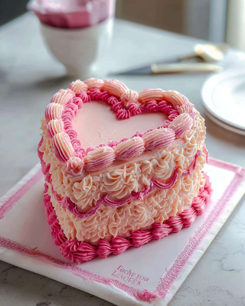A heart-shaped Vintage Valentine Cake decorated with elaborate pink and peach buttercream piping.