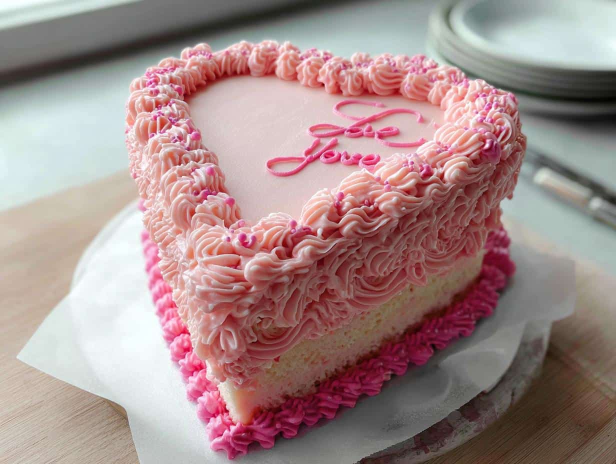 A heart-shaped Vintage Valentine Cake covered in elaborate pink buttercream ruffles and 'Love' piped on top.