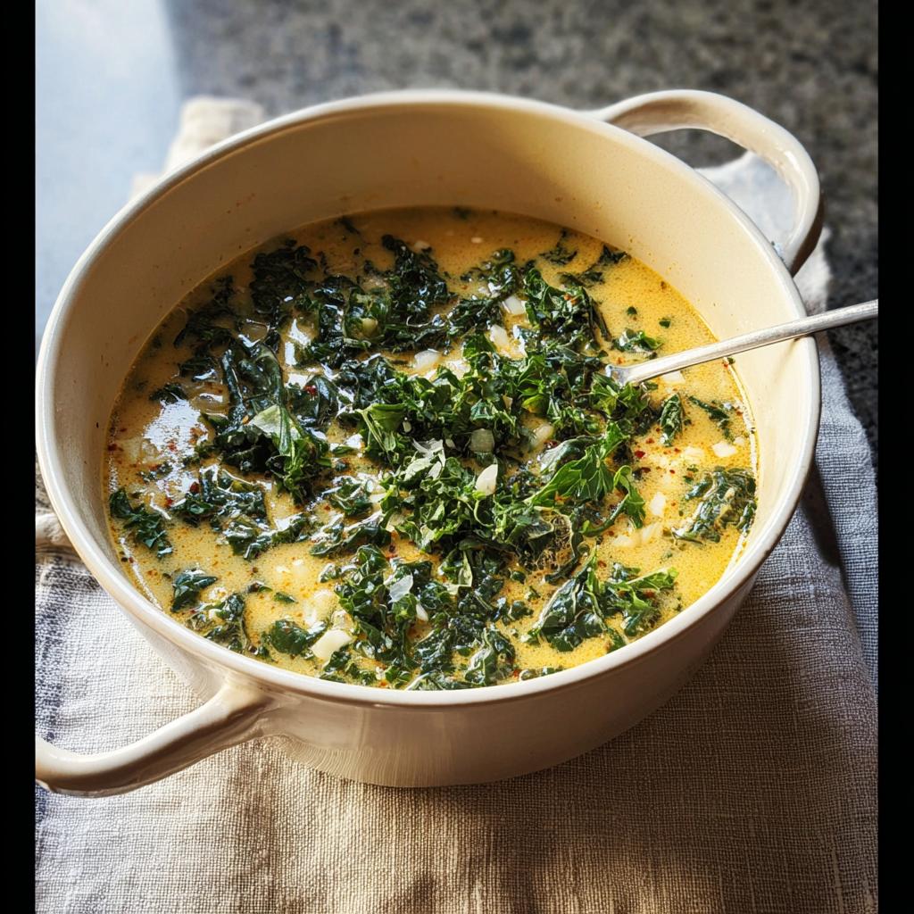 A close-up of a creamy, yellow-hued White Bean Kale Soup topped with fresh, dark green kale in a beige serving pot.