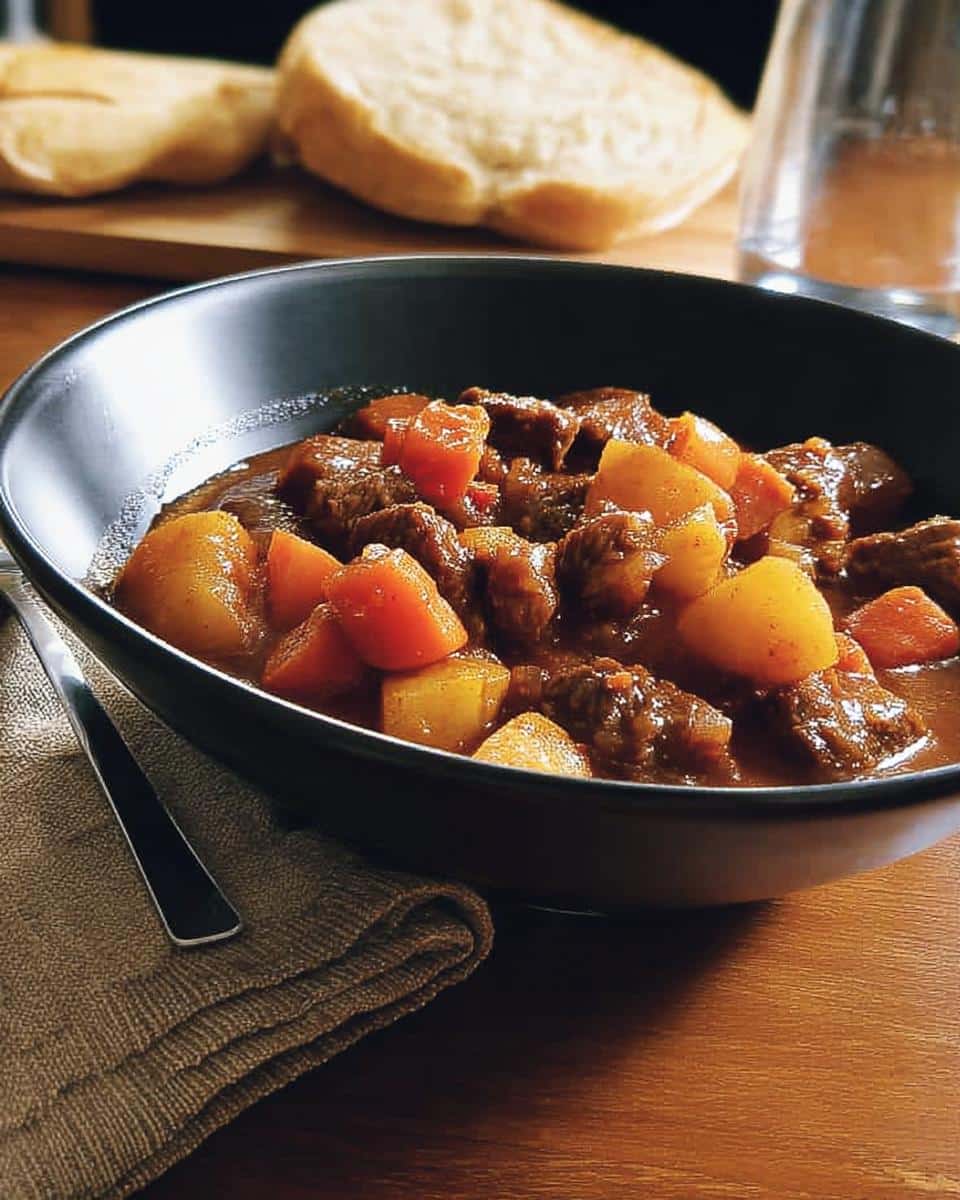 A close-up of a dark bowl filled with rich Winter Beef Stew featuring chunks of beef, potatoes, and carrots.