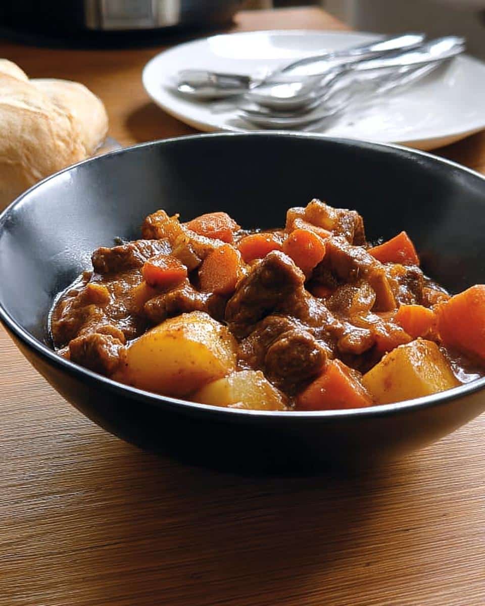 Close-up of a black bowl filled with rich Winter Beef Stew featuring chunks of beef, potatoes, and carrots.