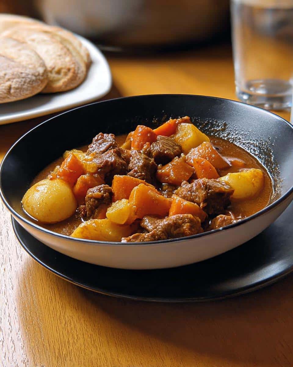 A close-up of a black bowl filled with rich Winter Beef Stew featuring chunks of beef, potatoes, and carrots in a savory broth.