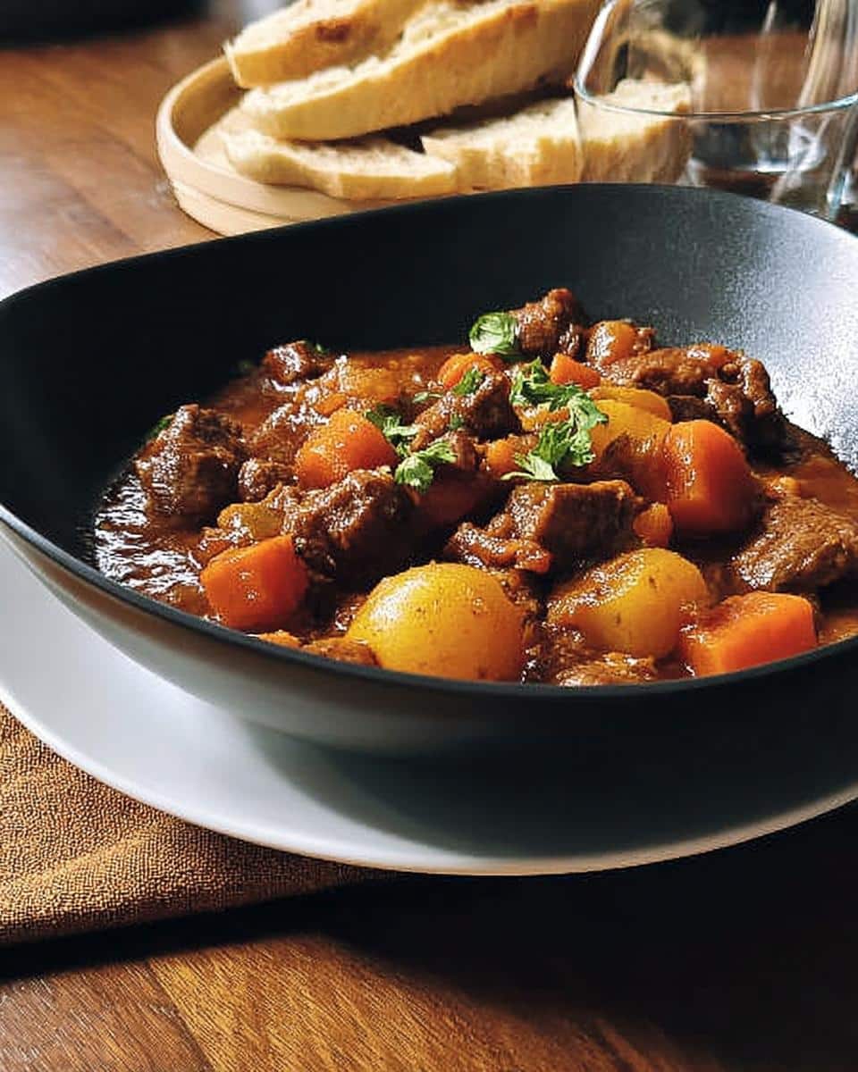 A rich, dark bowl of Winter Beef Stew featuring tender beef chunks, carrots, and potatoes, garnished with parsley.