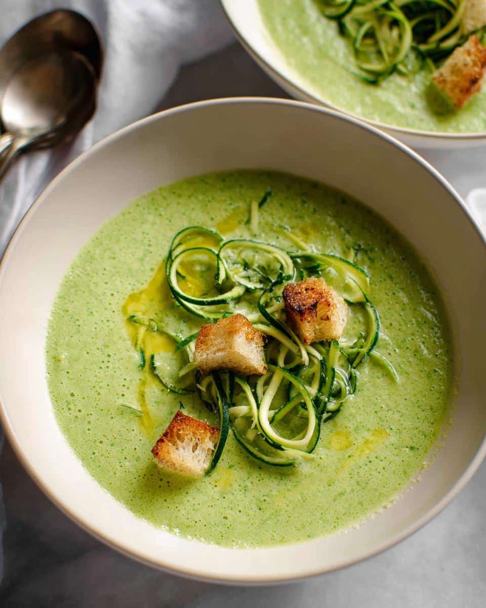 A bowl of vibrant green Zucchini Basil Soup topped with zucchini noodles and golden croutons.