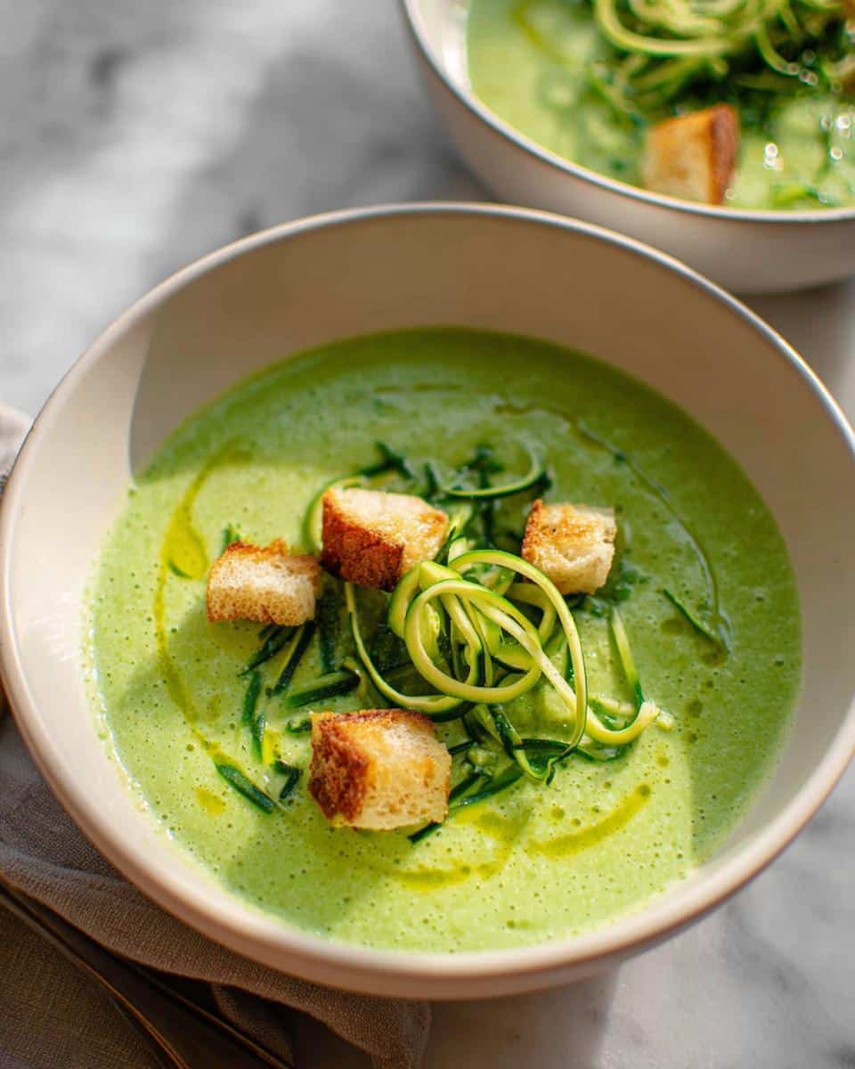 A bowl of vibrant green Zucchini Basil Soup topped with zucchini noodles, croutons, and a drizzle of olive oil.