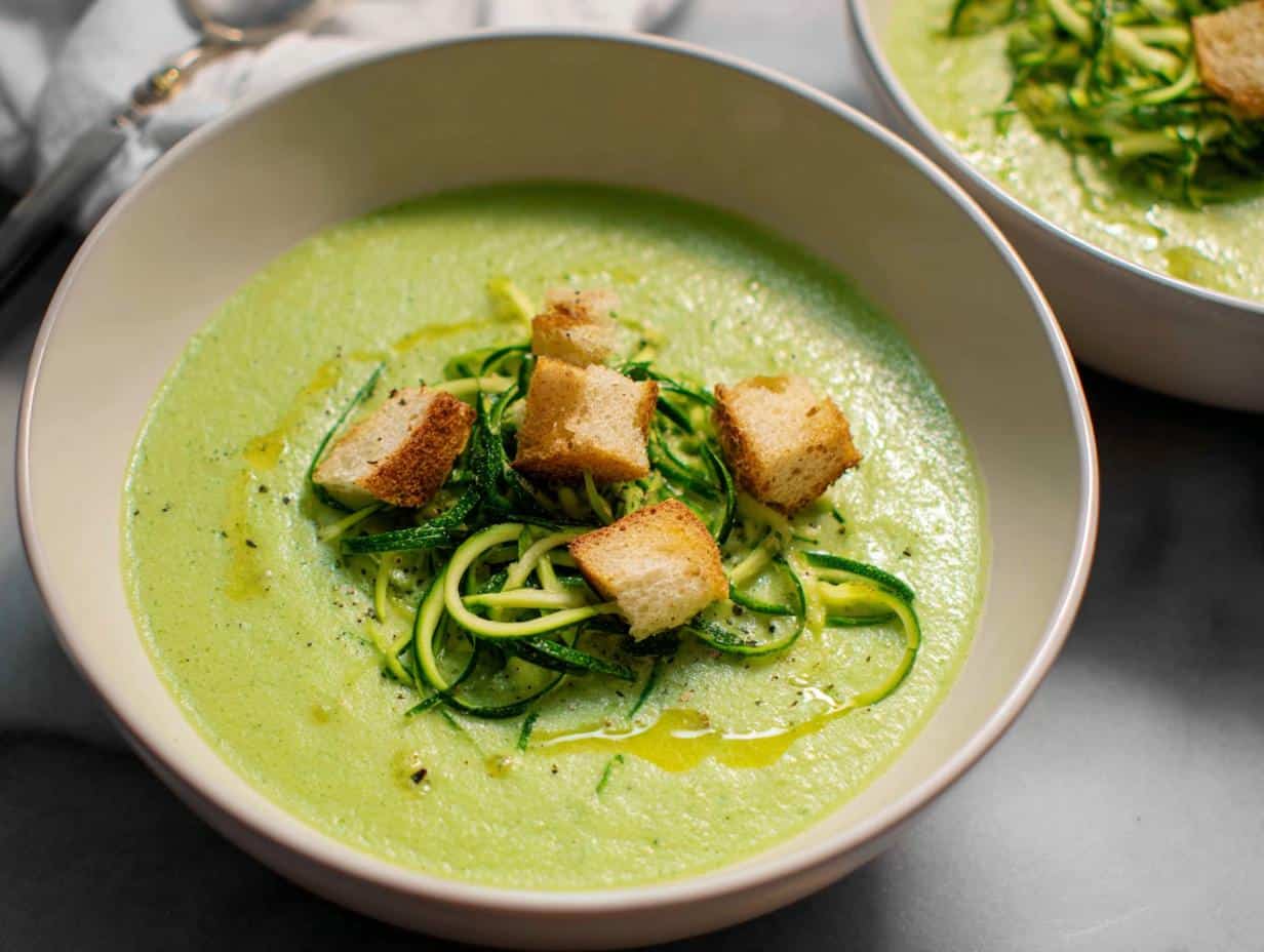 A bowl of vibrant green Zucchini Basil Soup topped with zucchini noodles, croutons, and olive oil.